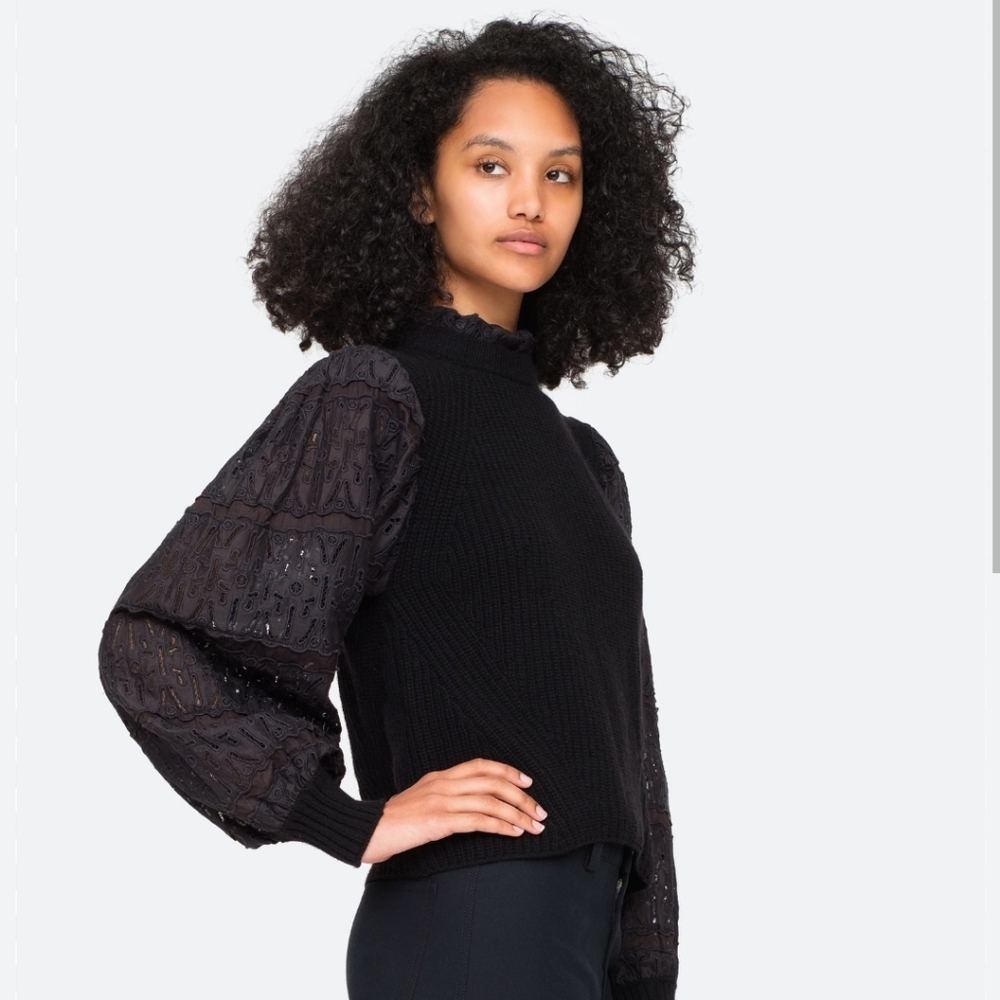 Sea NY Iris Eyelet Wool Cotton Sweater in Black Size Small